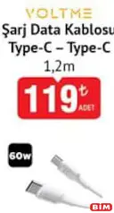 VOLTME ŞARJ DATA KABLOSU TYPE-C - TYPE C 1,2 M 60 W